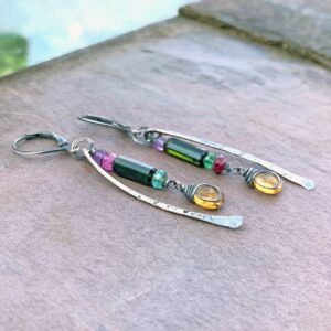 Green Tourmaline, Citrine And Sterling Silver Earrings Closeup